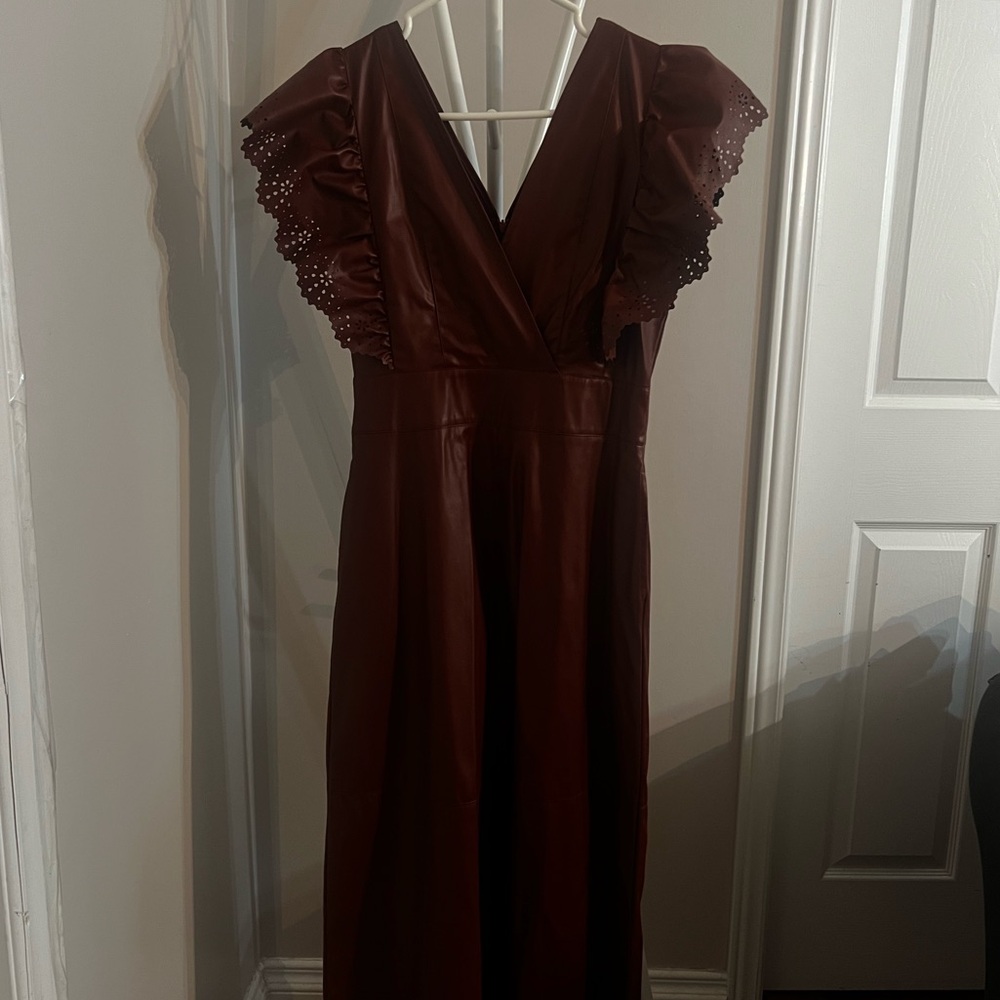 Zara faux leather Brown Midi Dress with Ruffle Sleeves - Picture 4 of 5